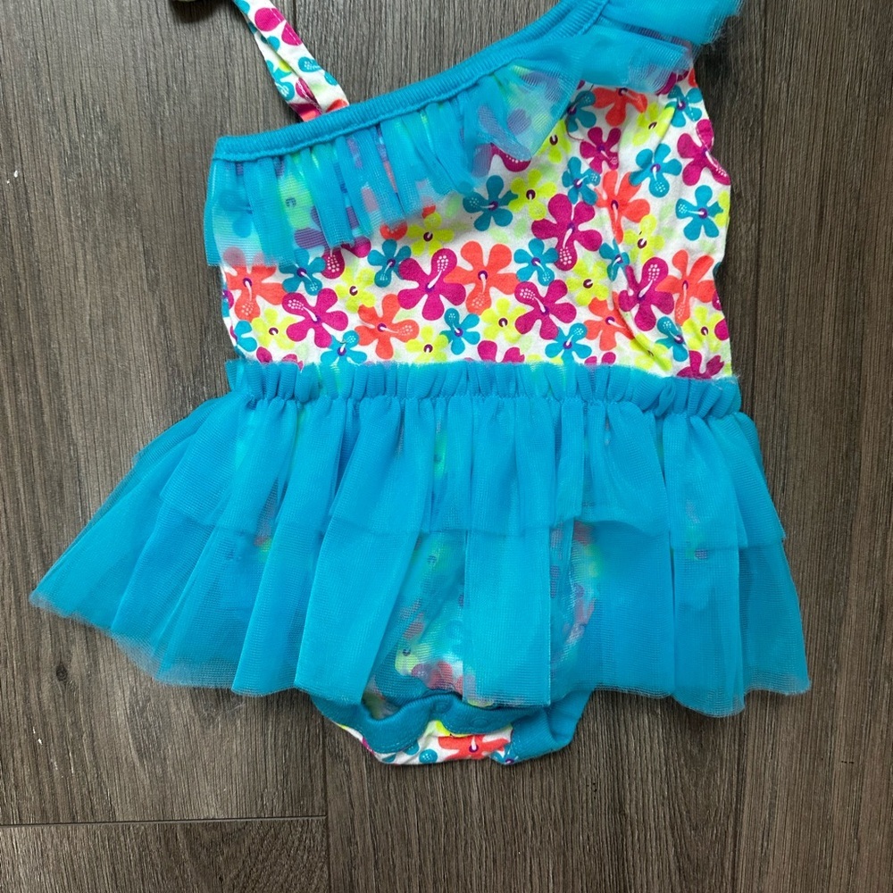 Garanimals Turquoise Floral One-Shoulder Tulle Swim Dress Bathing Suit - Picture 2 of 7